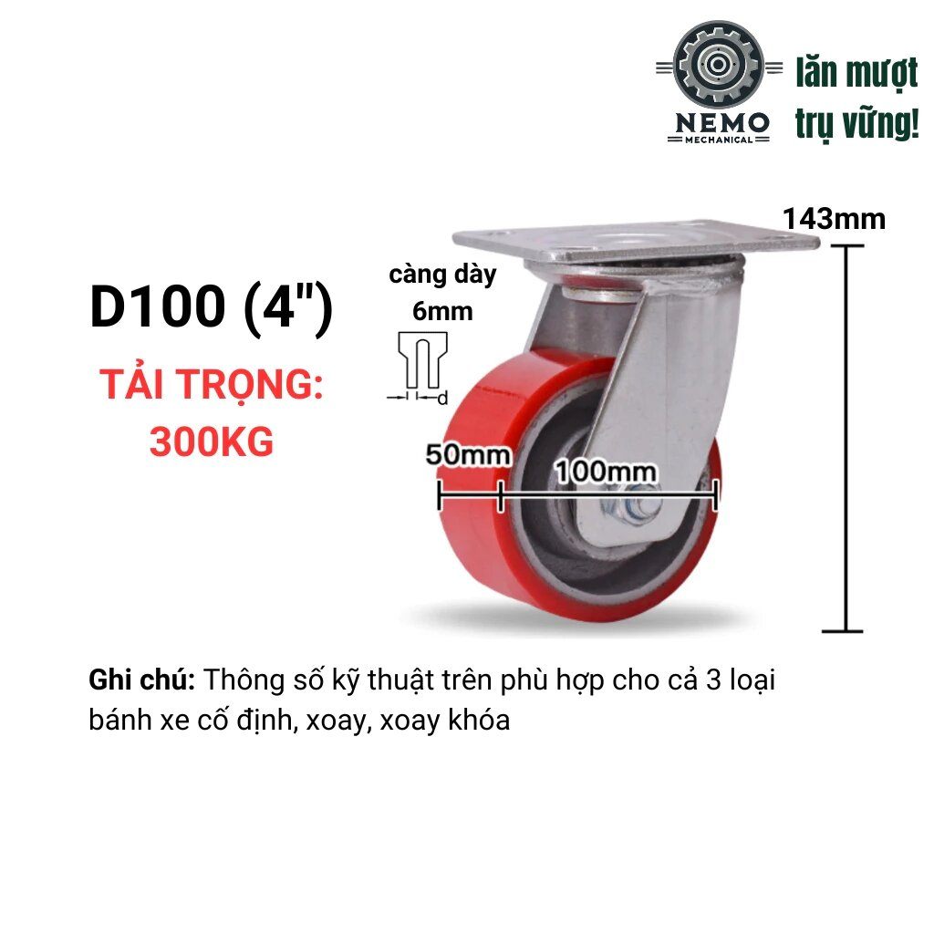 Bánh xe PU gang tải nặng, mặt bích, chất liệu bền bỉ, D100mm - 200mm, tải 300 – 450kg